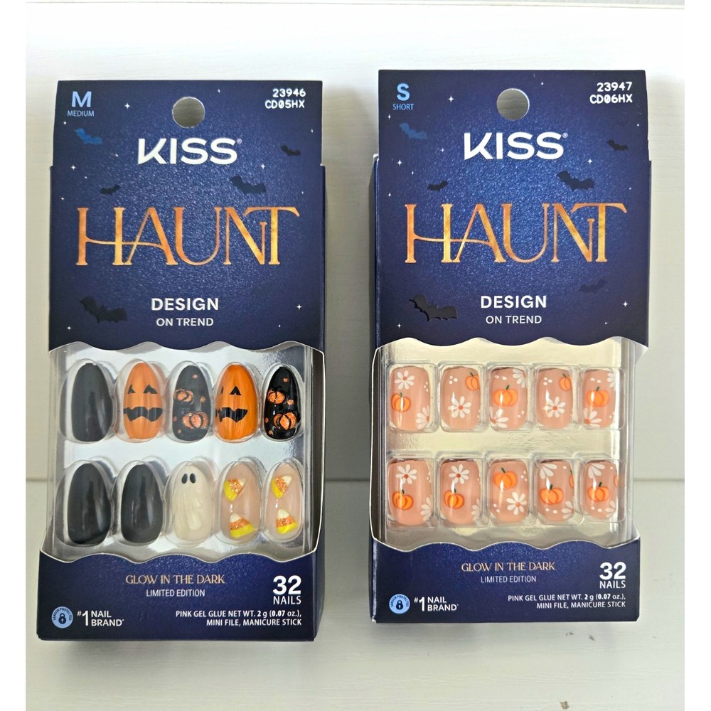 Lot of 2 KISS Halloween Glow in Dark Press-On Nails Medium and Short Glue 32x2